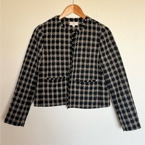LOFT Black & White Tweed Jacket with Fringe Trim – Size 6P